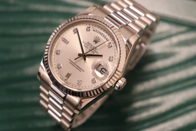Rolex Day-Date 36MM 18K White Gold Silver Diamond Dial 118239 Full Set 2017 B&P
