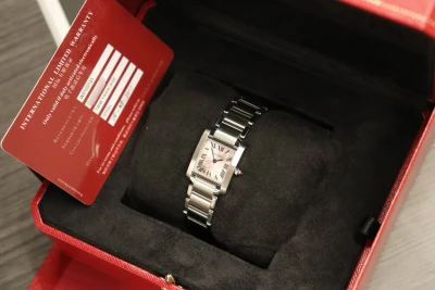 Cartier Tank Française W51031Q3 Silver Dial Pink Cabochon Crown Steel 2017 B&P