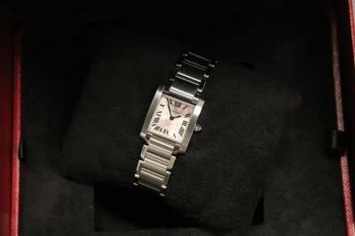 Cartier Tank Française W51031Q3 Silver Dial Pink Cabochon Crown Steel 2017 B&P