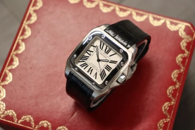 Cartier Santos 100XL Stainless Steel White Dial Black Leather 2656 B&P 2010
