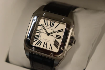 Cartier Santos 100XL Stainless Steel White Dial Black Leather 2656 B&P 2010