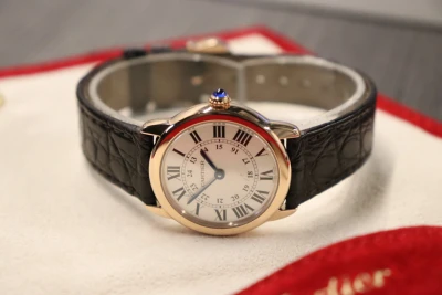 Cartier Ronde 18K Rose Gold Brown Leather Strap W6701007 Boxed Circa 2008