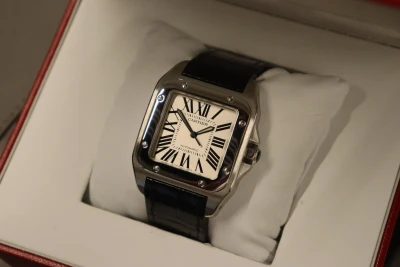 Cartier Santos 100XL Stainless Steel White Dial Black Leather 2656 B&P 2010