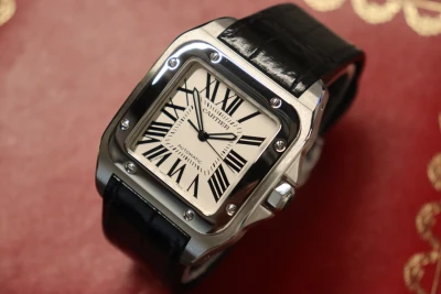 Cartier Santos 100XL Stainless Steel White Dial Black Leather 2656 B&P 2010