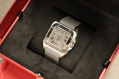 Cartier Santos 100XL 2656 Grey Dial Kings Road Edition 2010 B&P Rubber Strap