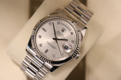 Rolex Day-Date 36MM 18K White Gold Silver Diamond Dial 118239 Full Set 2017 B&P