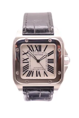 Cartier Santos 100XL Stainless Steel White Dial Black Leather 2656 B&P 2010